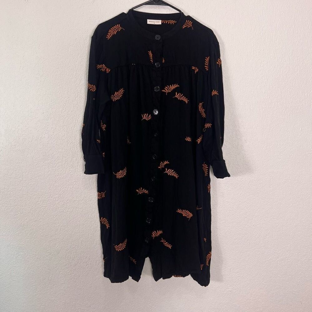 Megan Park Black w/ Orange Embroidered Leaf Print Button Down Merino Wool 4